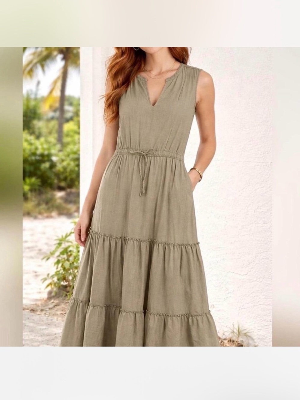 Lands' End Khaki Drawstring Waist Tiered Maxi Skirt